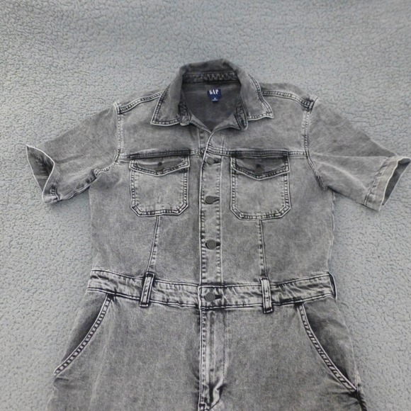 GAP Denim Jumpsuit Womens 8 Short Sleeve Button Front Acid Wash Gray One Piece - Picture 3 of 11